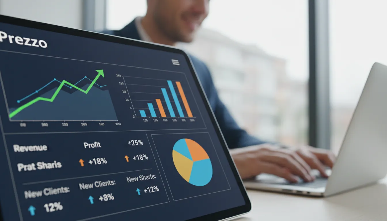 Primer plano de una tableta digital mostrando un panel financiero con gráficos y tablas, resaltando el crecimiento empresarial. Visualiza el concepto de Como abrir una empresa en Brasil siendo de otro país con éxito.