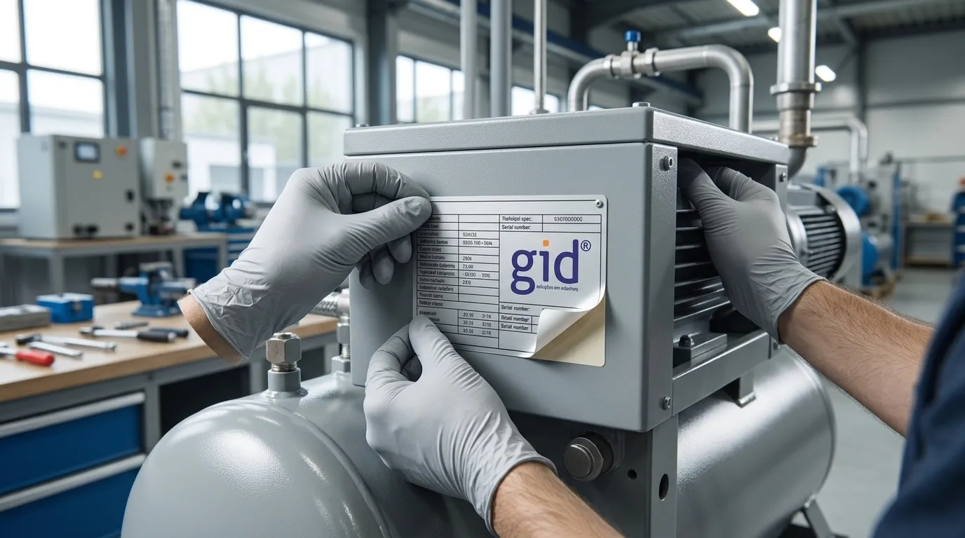 Aplicação de placa de identificação compressor adesiva de alta durabilidade em ambiente industrial.