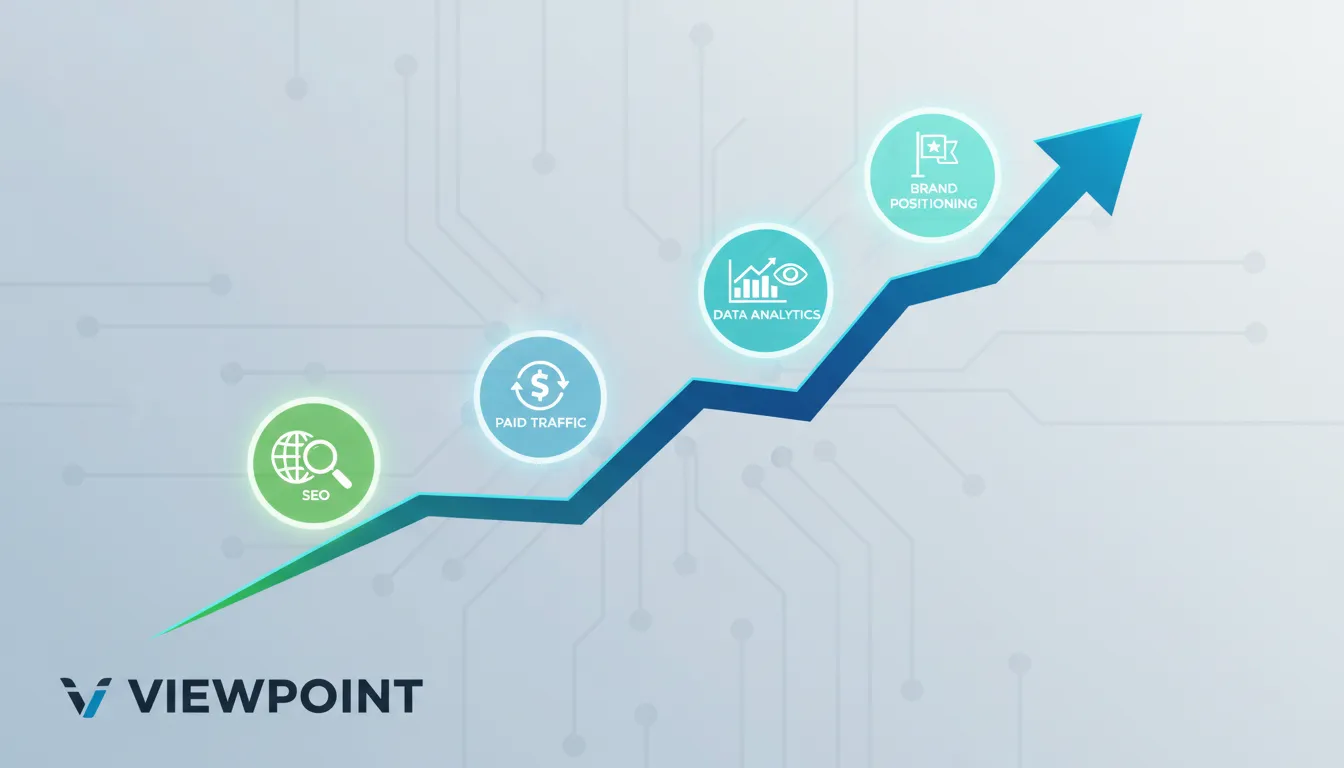Um gráfico ascendente estilizado representando crescimento com ícones de SEO, tráfego pago e análise de dados, ilustrando a gestão de marketing pmes para performance e resultados.