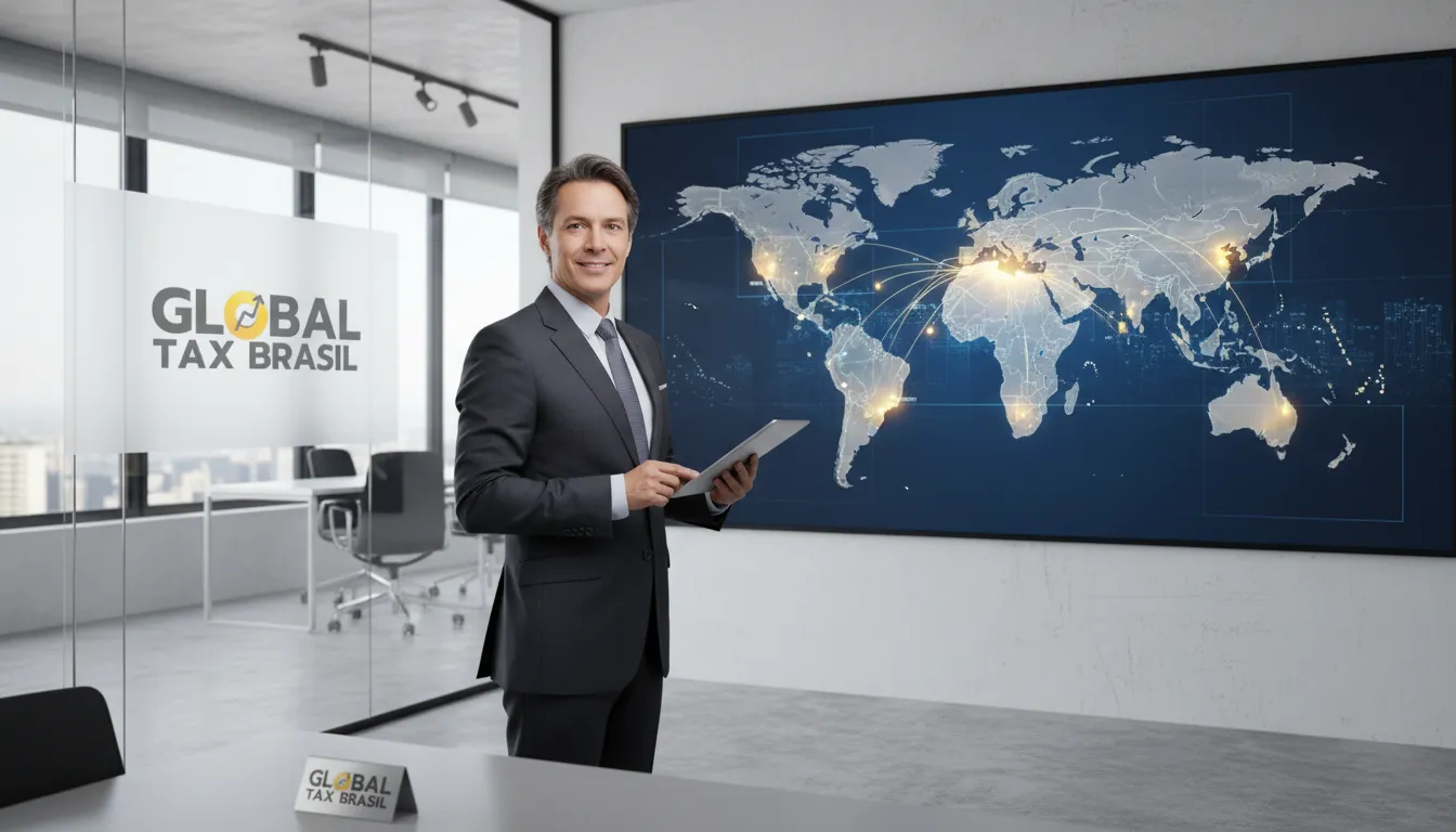 Executivo confiante diante de mapa-múndi digital, simbolizando soluções globais para saída fiscal retroativa.