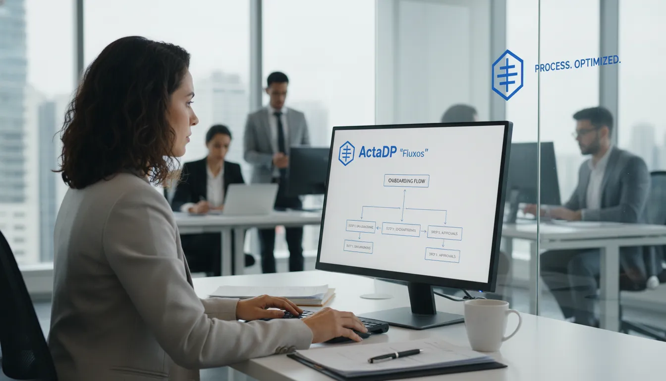 Coordenadora de DP usando ActaDP Fluxos para otimizar comunicação interna e processos de onboarding.