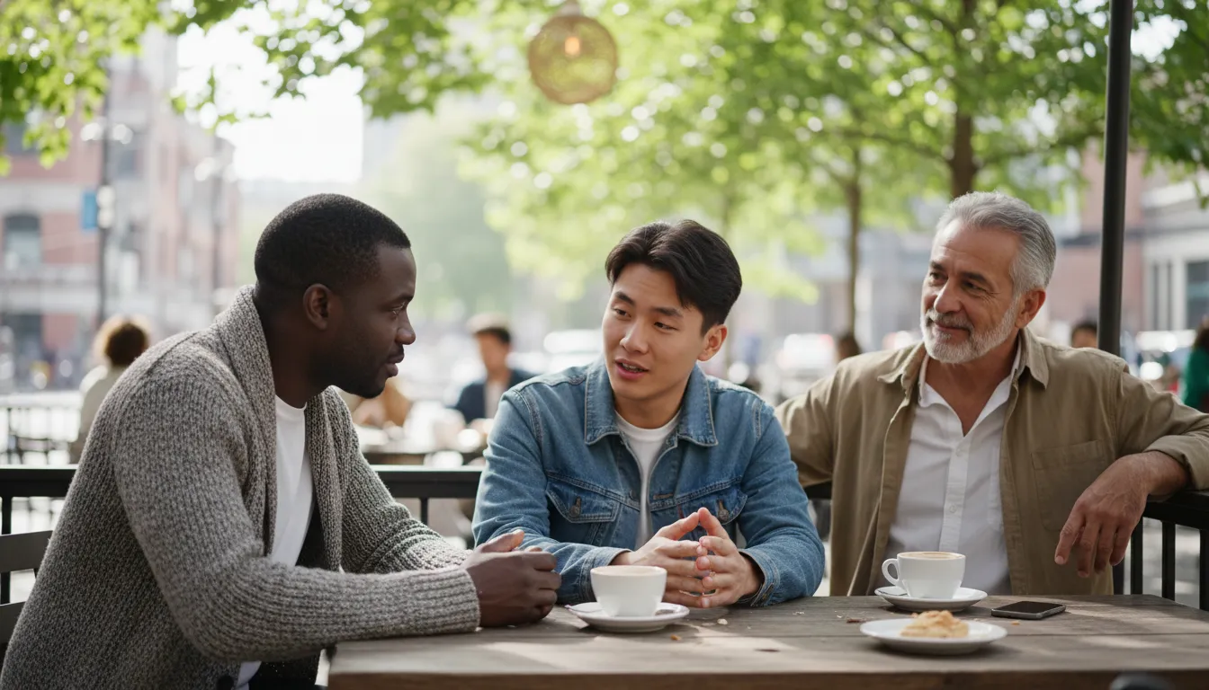 Grupo de homens conversando abertamente, promovendo a importância da comunicação para a saúde mental masculina.