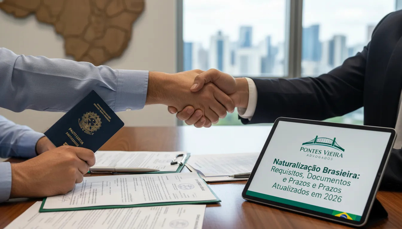 Mãos apertando, representando a assistência jurídica na naturalização brasileira e documentação para 2026.