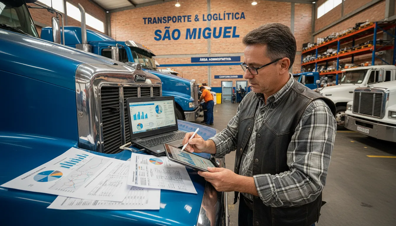 Transportador revisando documentos ao lado do caminhão, representando análise cuidadosa de crédito.