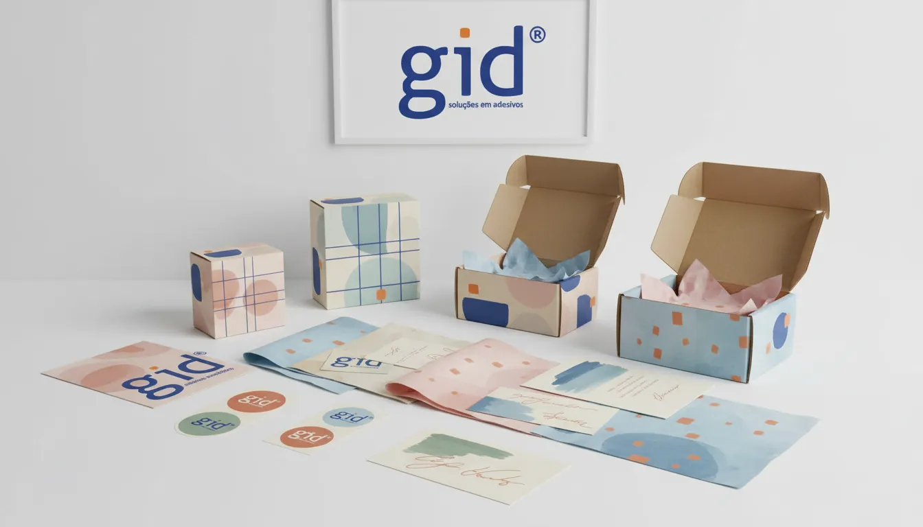 Elementos de embalaje personalizado, incluyendo pegatinas, papel de seda y tarjetas con mensajes de GID.