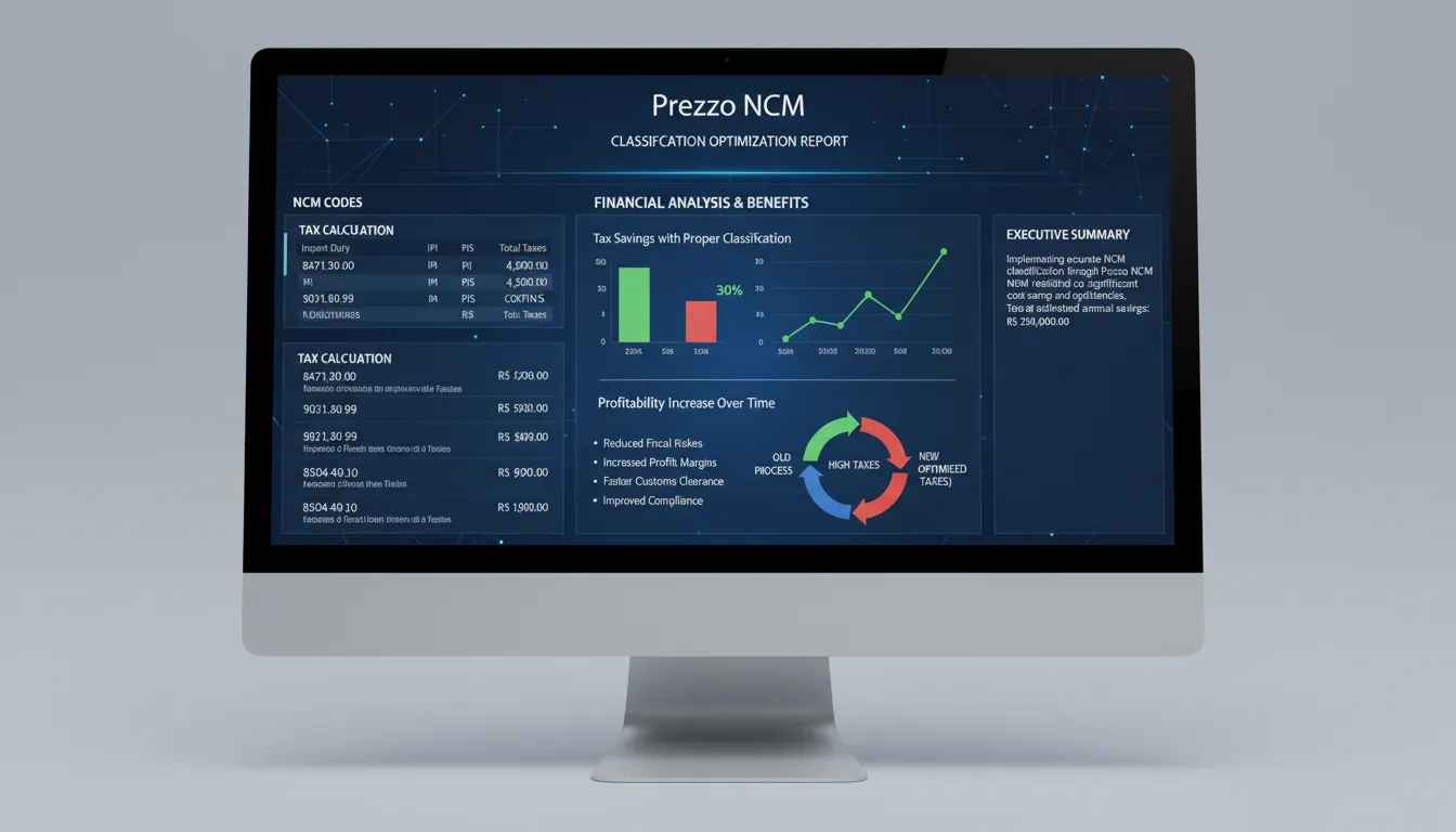 Interface digital detalhada com relatório mostrando ncm codigo, cálculos de impostos e análise financeira, enfatizando os benefícios da classificação correta.