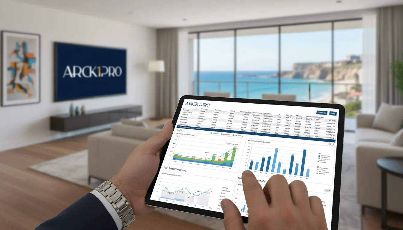 Como avaliar empreendimento imobiliário: Mãos de investidor analisam dados financeiros de ARI em tablet.