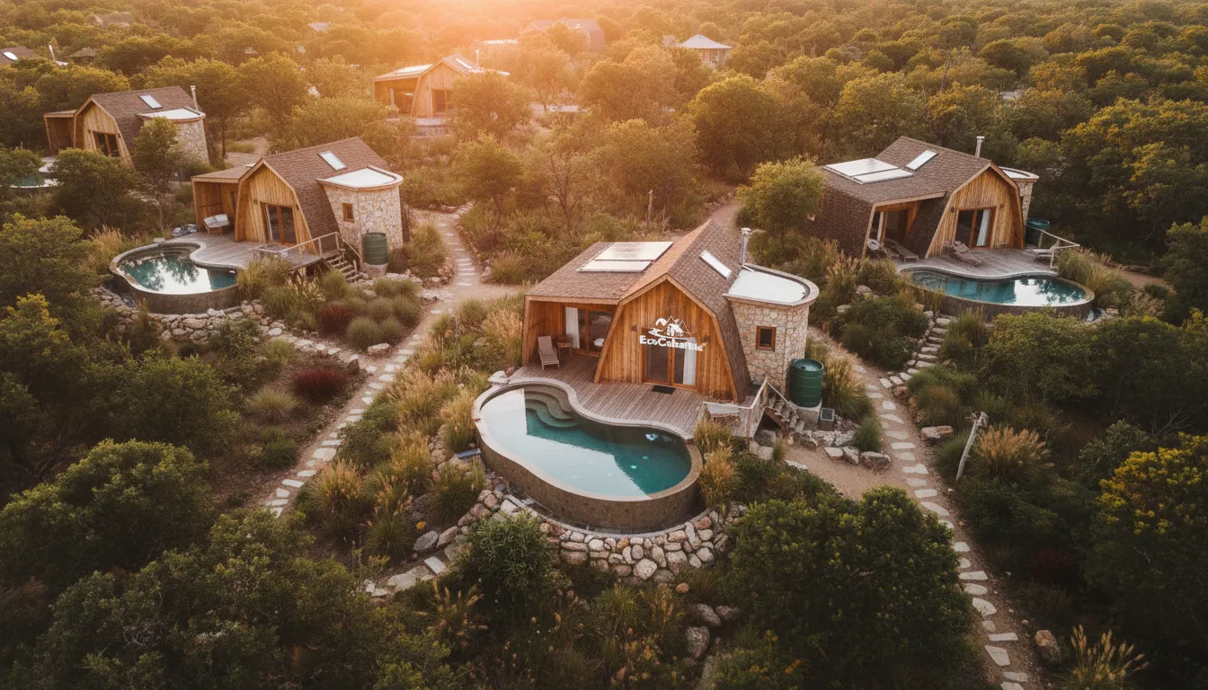 Vista aérea das Eco Cabanas com piscinas de fibra privativas, em harmonia com a natureza, sob a luz dourada do entardecer.