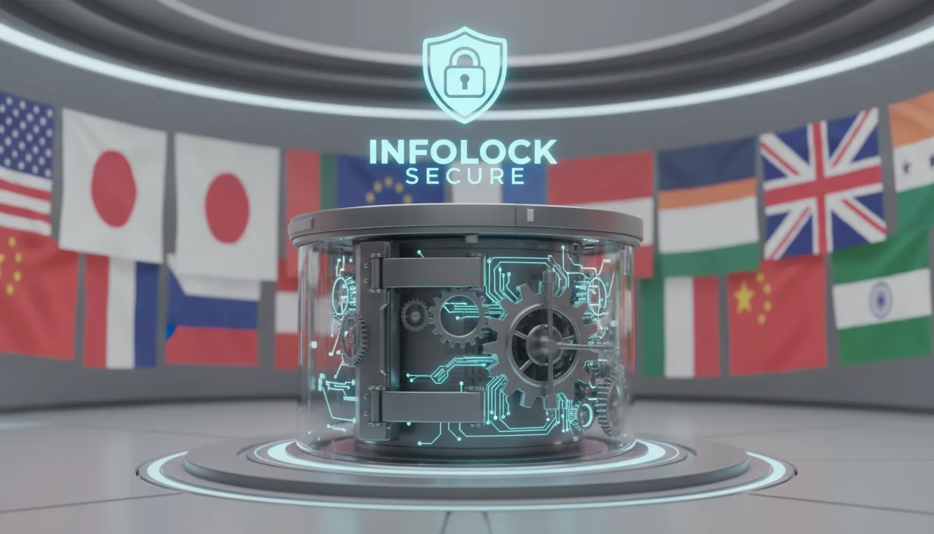 Representação conceitual de um cofre de dados seguro com bandeiras internacionais ao fundo, simbolizando a transferência internacional de dados protegida pela InfoLock.