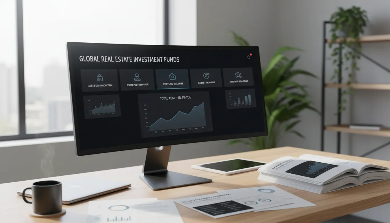 Estação de trabalho exibindo análise de portfólio de fundos imobiliários e relatórios financeiros