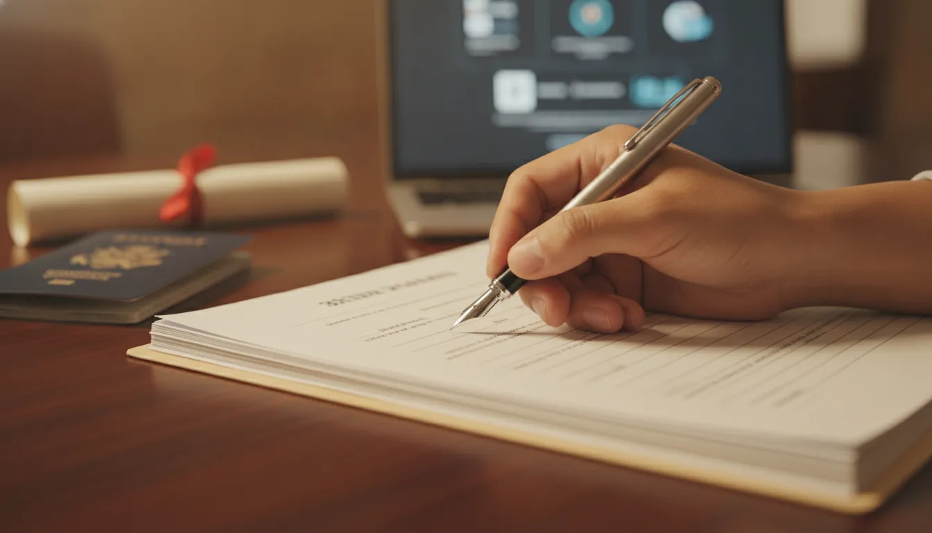 Mão assinando documentos para Conta Bancária Empresarial nos EUA, com passaporte e laptop ao fundo.