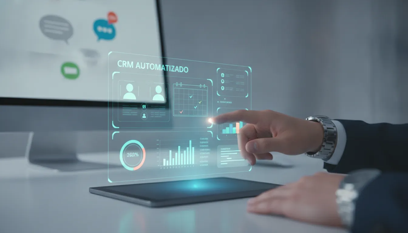 Mão interagindo com CRM Automatizado, gerenciando leads 24 horas e otimizando vendas.