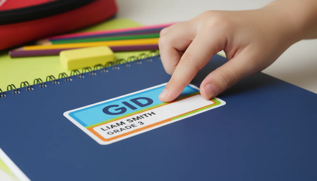 Close-up de uma criança aplicando uma etiqueta escolar da GID em um caderno novo, mostrando a durabilidade e personalização da etiqueta adesiva.