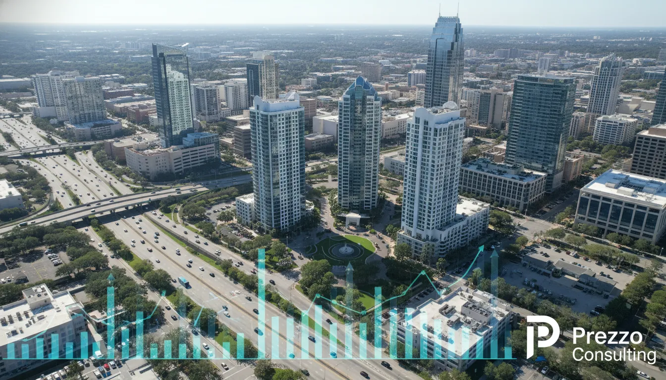 Vista aérea del distrito comercial de Orlando con servicios de oficina de contabilidad.