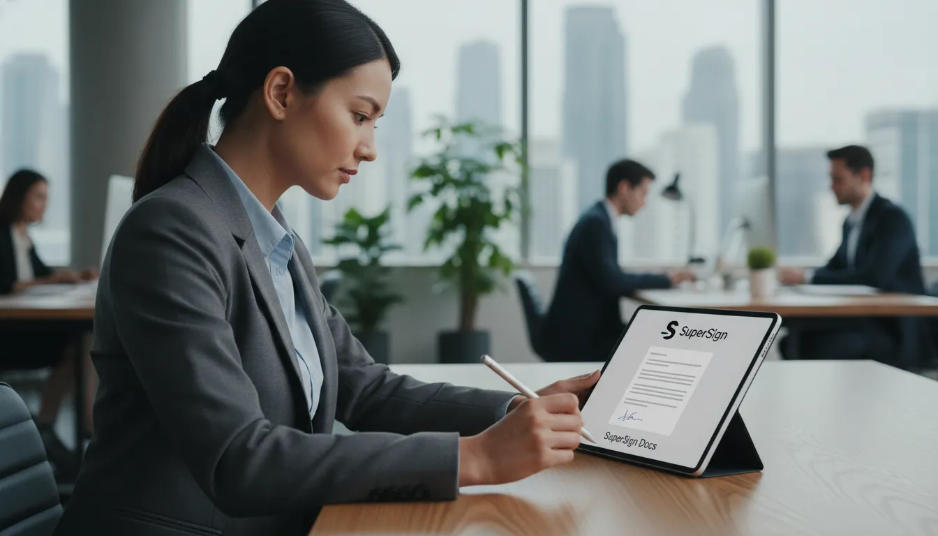 Mulher de negócios assinando uma ficha de anamnese digital em um tablet com uma caneta stylus, demonstrando a facilidade e praticidade da assinatura eletrônica.