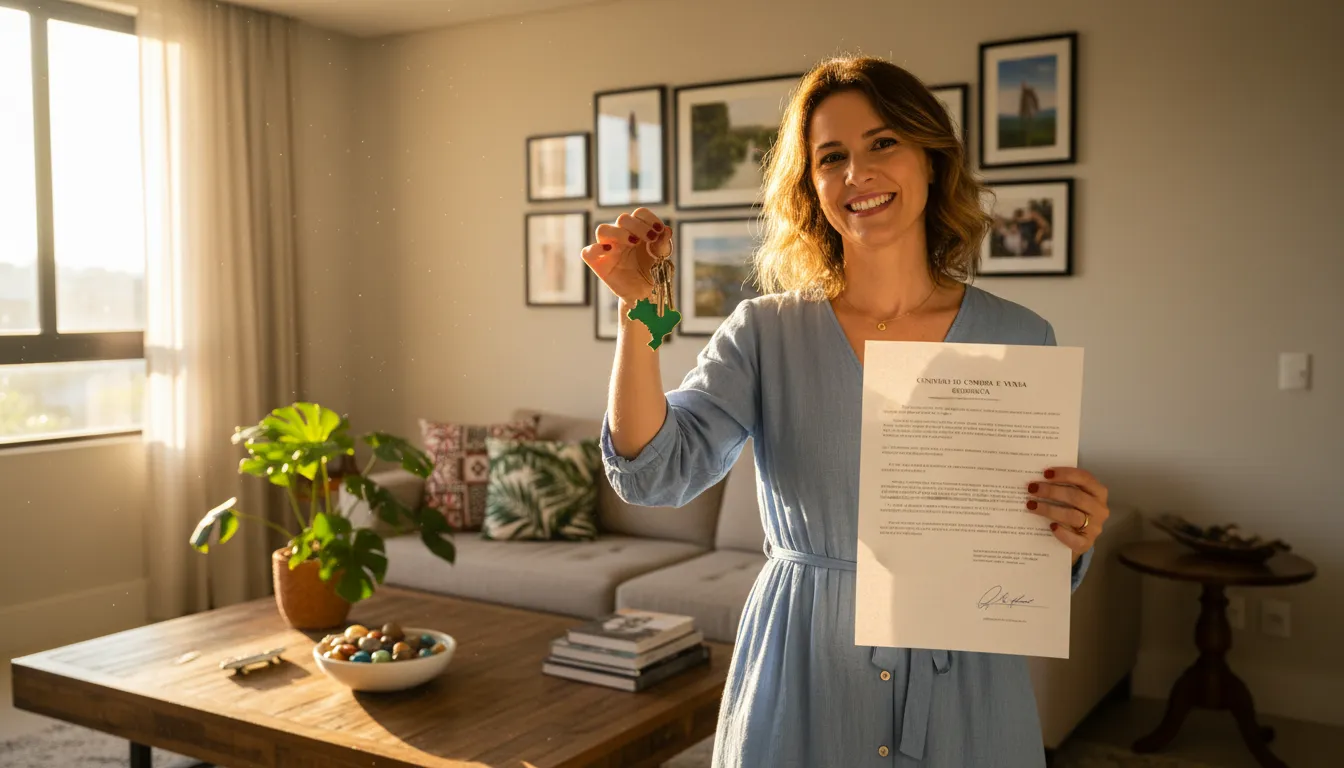 Proprietário feliz recebe aprovação no processo de home equity em sua casa no Brasil