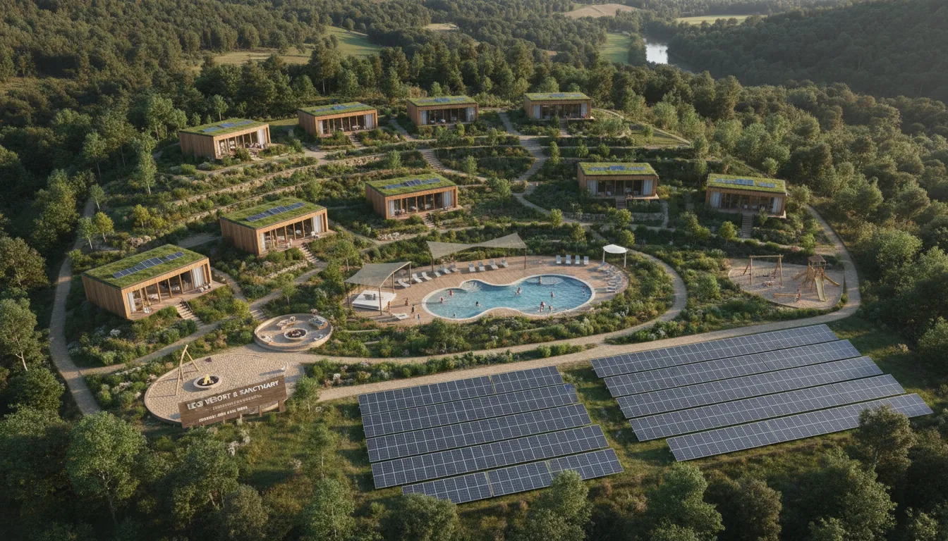 Vista aérea de loteamento turístico com cabanas ecológicas, lazer e sustentabilidade