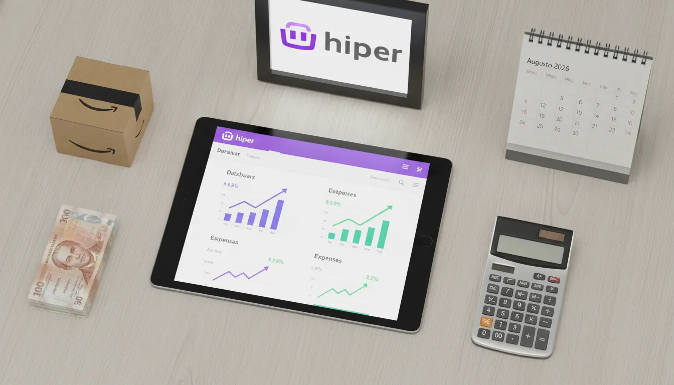 Mesa organizada com tablet Hiper exibindo dashboard financeiro, caixa Amazon e dinheiro. Gerenciando vendas na Amazon.