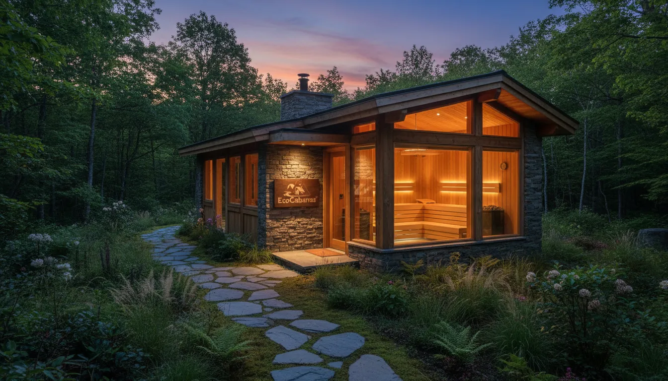 Exterior de uma eco-cabana charmosa com destaque para a sauna residencial, oferecendo uma experiência de refúgio sustentável.