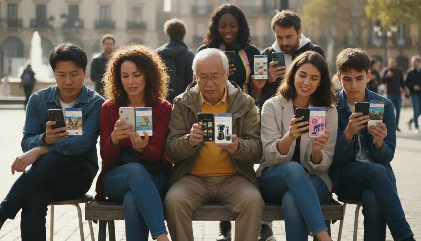 Pessoas diversas engajadas com anúncios de Facebook Ads em seus smartphones, ilustrando alcance.