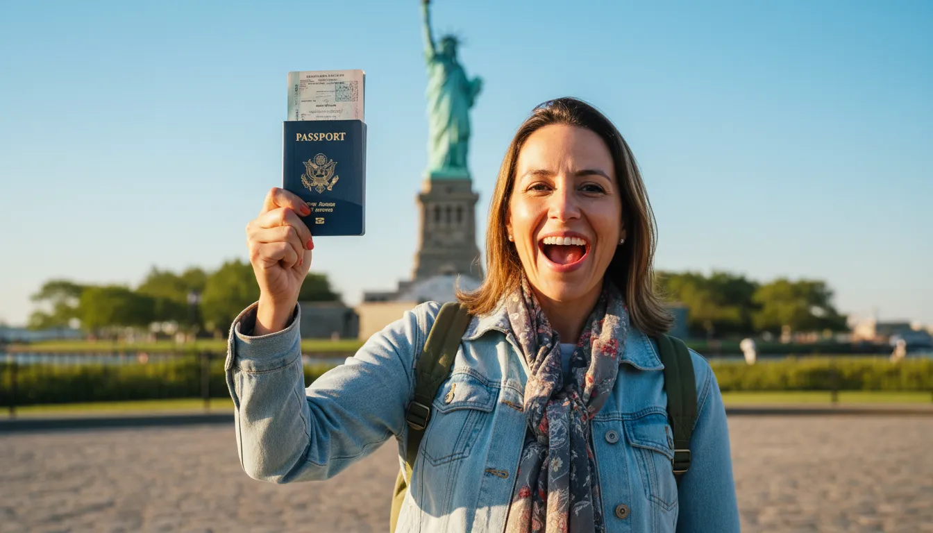 Mulher sorridente segurando passaporte com visto americano em frente a um marco dos EUA, celebrando a viagem.