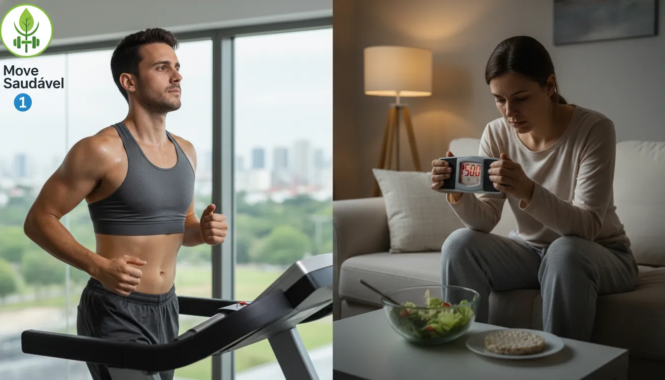 Pessoa correndo na esteira e, desanimada, olhando para a balança, frustrada por comer pouco e não emagrecer.
