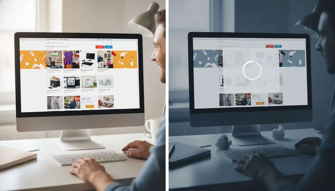 Comparativo visual: site rápido versus lento, mostrando impacto da hospedagem de sites na experiência do usuário.