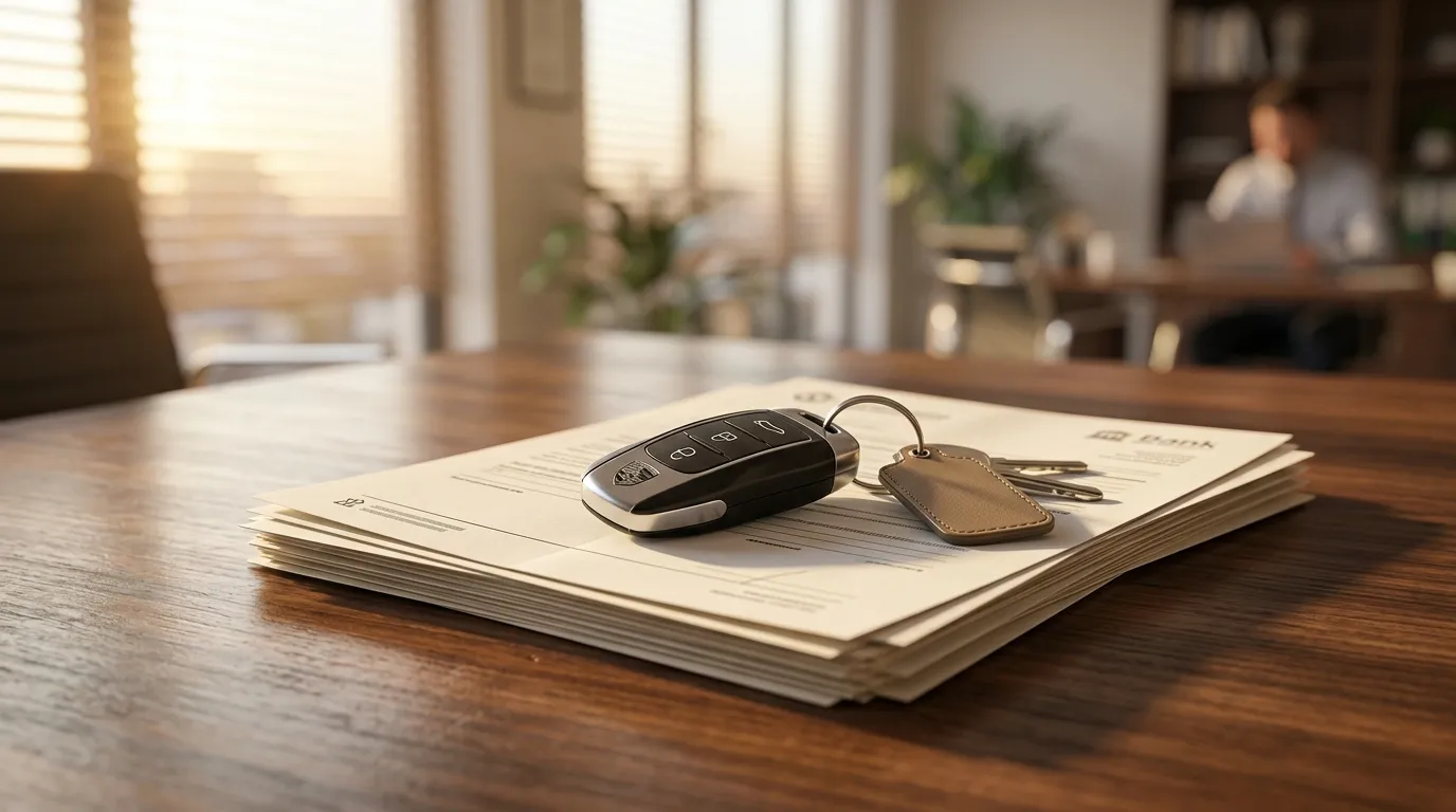 Chave de carro sobre documentos reforça uso do veículo como patrimônio financeiro.