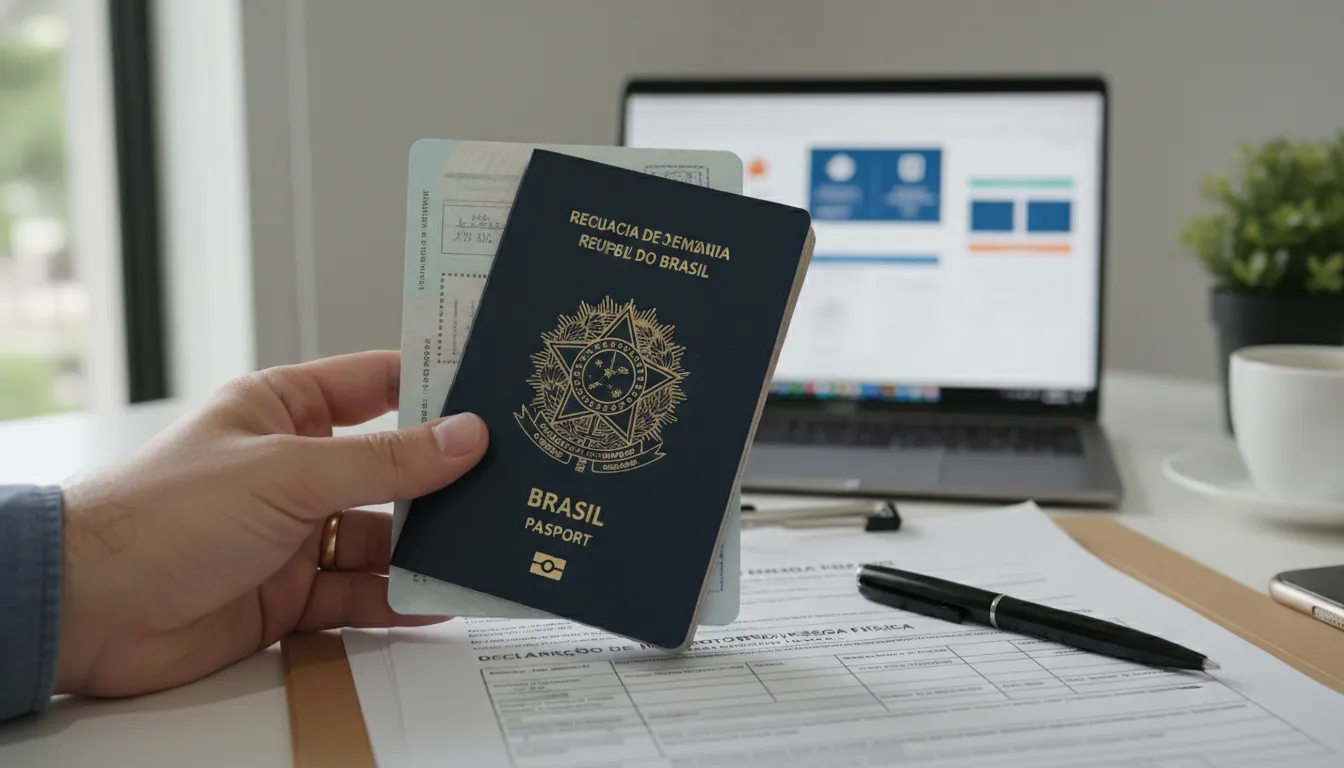 Passeport brésilien et documents fiscaux, symbolisant la gestion de la résidence fiscale au Brésil.