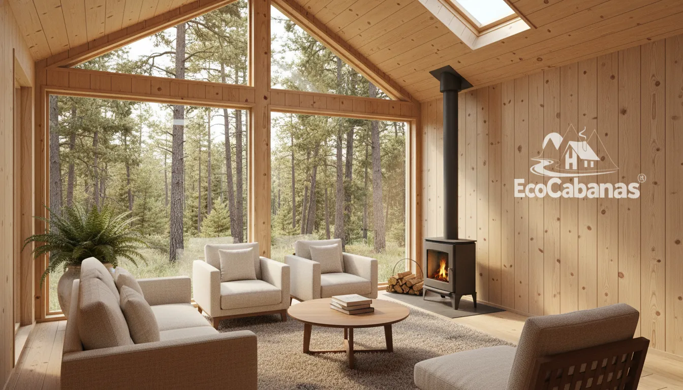 Interior aconchegante de casa pré-fabricada de madeira, com vista para floresta e decoração minimalista.