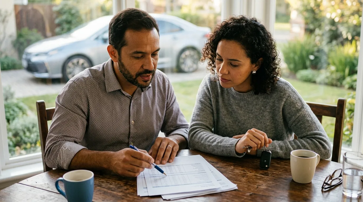 Casal avaliando propostas ao comparar refinanciamento de veículo em casa.