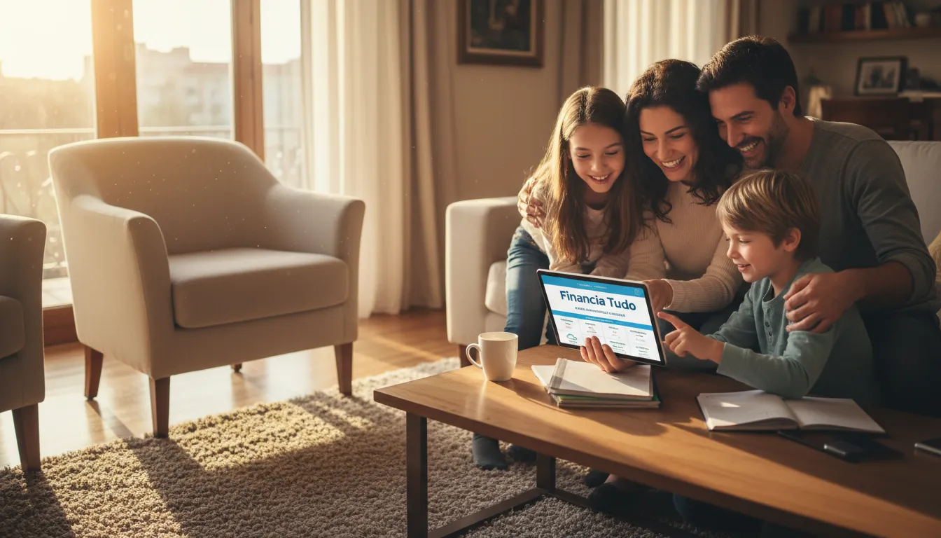 Família planejando onde investir dinheiro para o futuro com a ajuda do plano financeiro da Financia Tudo.