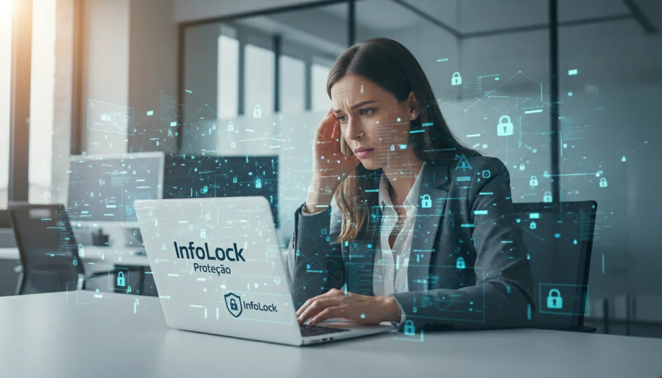 Mulher preocupada olhando para um laptop com fluxos de dados, simbolizando uma brecha na segurança de dados pessoais e sensíveis.