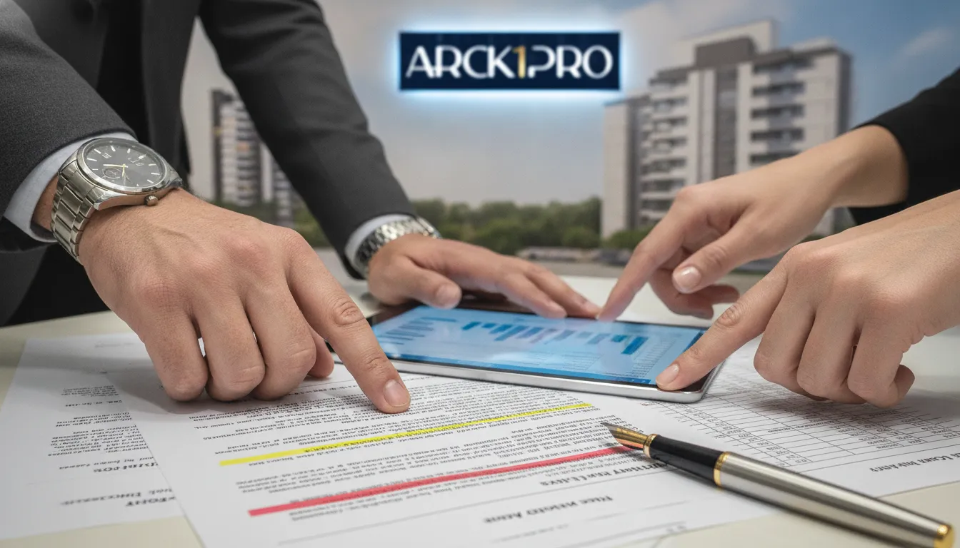 Mãos analisam documentos financeiros e reforma tributária imóveis, com projeto arquitetônico de fundo.