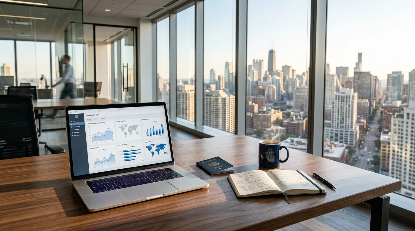 Ambiente de trabalho de empresas que contratam brasileiros nos Estados Unidos com vista para metrópole.