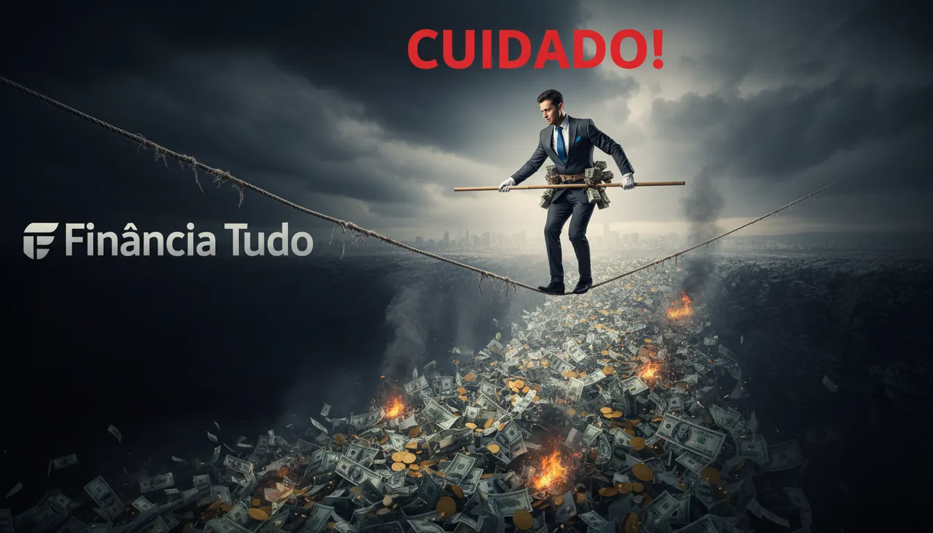 Uma pessoa caminhando sobre uma corda bamba sobre um abismo cheio de dinheiro, simbolizando o risco de investimentos de alto rendimento e golpes financeiros, considerados erros financeiros comuns.