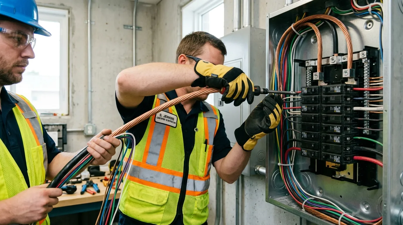 Obras do financiamento de rede elétrica de condomínio modernizando fiação e disjuntores.