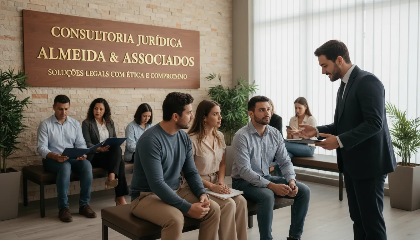 Advogado orienta família em fórum sobre direitos durante busca e apreensão em ambiente profissional e acolhedor.