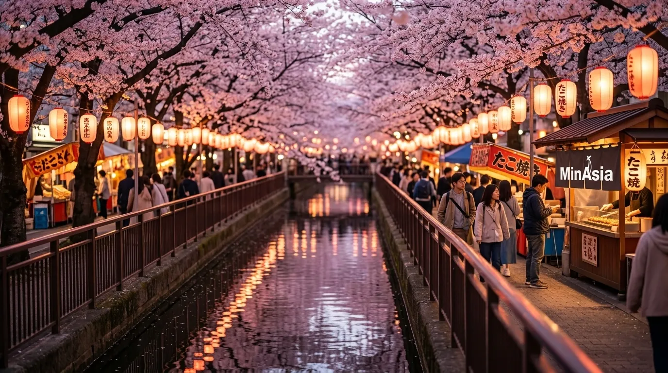 Cerejeiras no Japão iluminadas por lanternas durante o festival noturno de primavera.