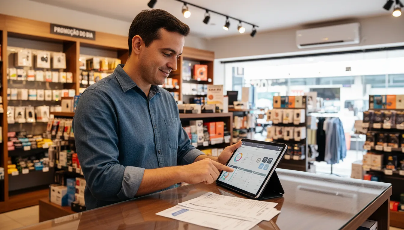 Microempresário usando sistema de gestão para adequação ao novo cenário fiscal no varejo.