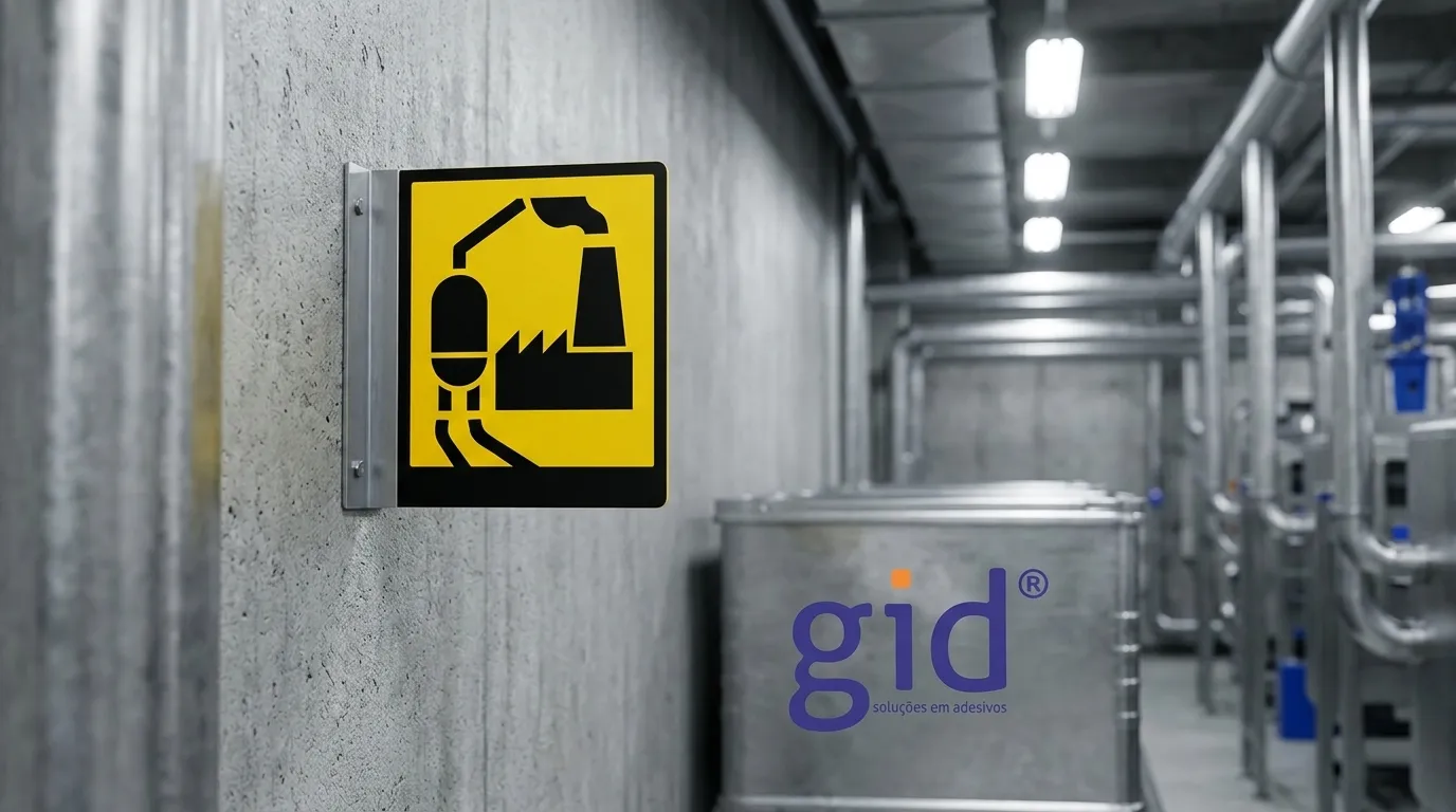 Placa de identificacao de sala e setores industriais com alta visibilidade fixada em parede de concreto de fabrica.