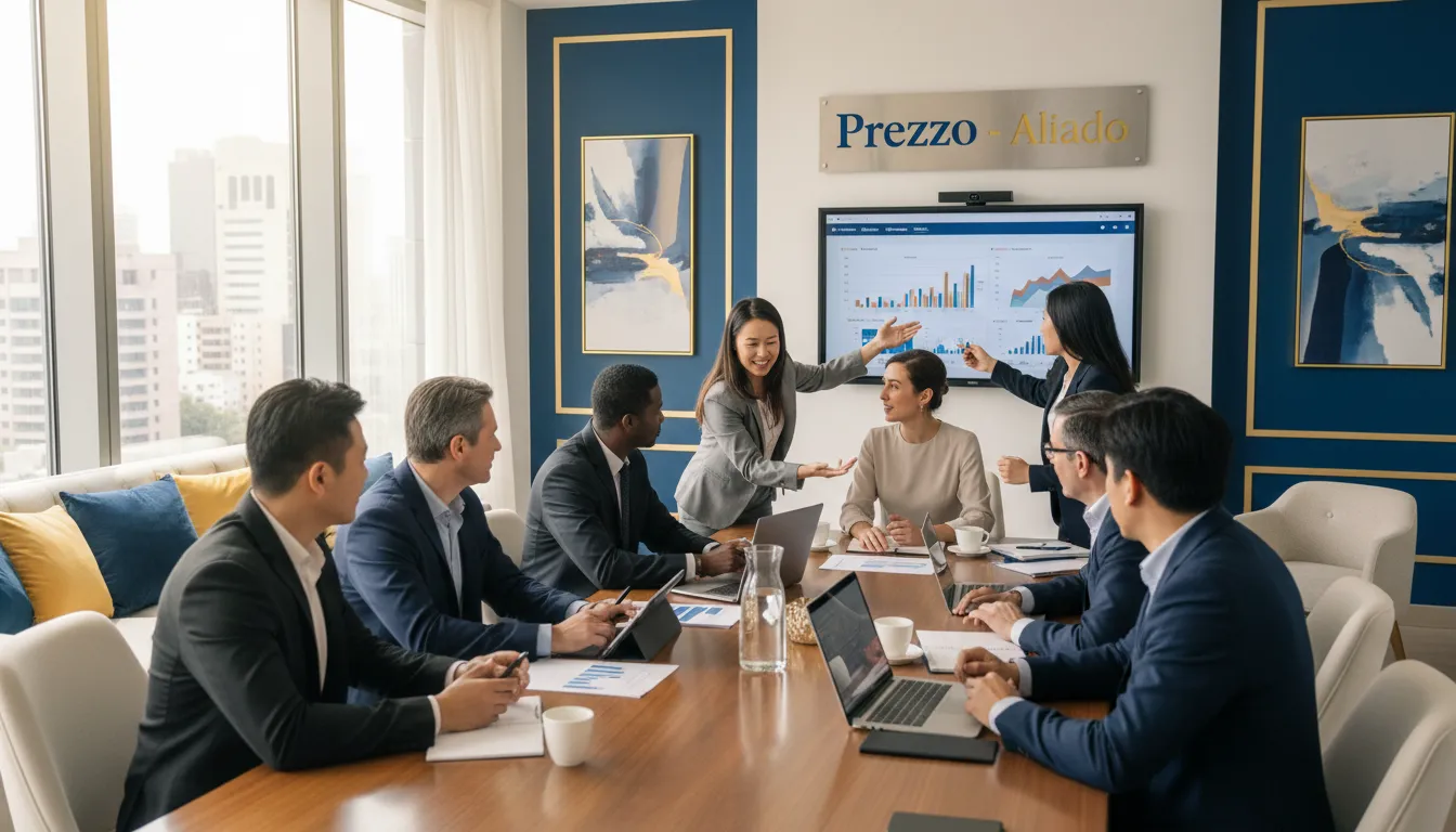 Un equipo diverso de profesionales financieros colabora en una mesa de conferencias, reflejando el espíritu de equipo de esta oficina de contabilidad en Orlando.