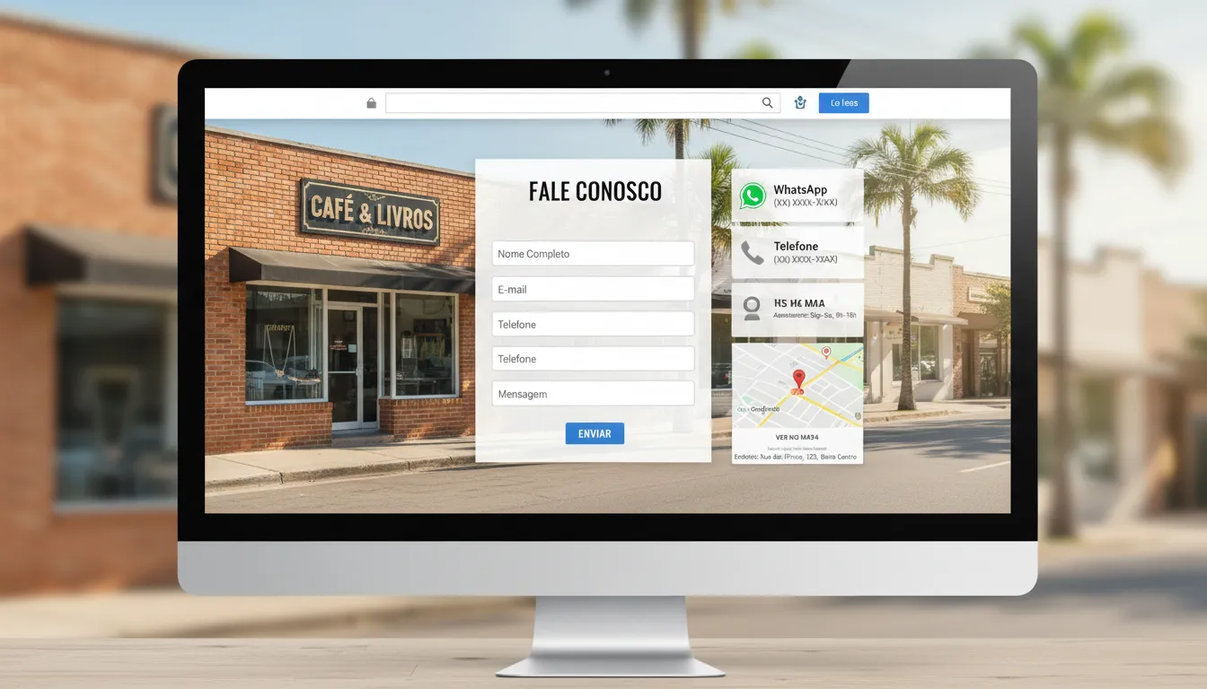 Exemplos de Seções de Homepage para Pequenas Empresas Locais 3 Formulário de contato eficiente em site, com WhatsApp e mapa, mostrando fachada de empresa de bairro