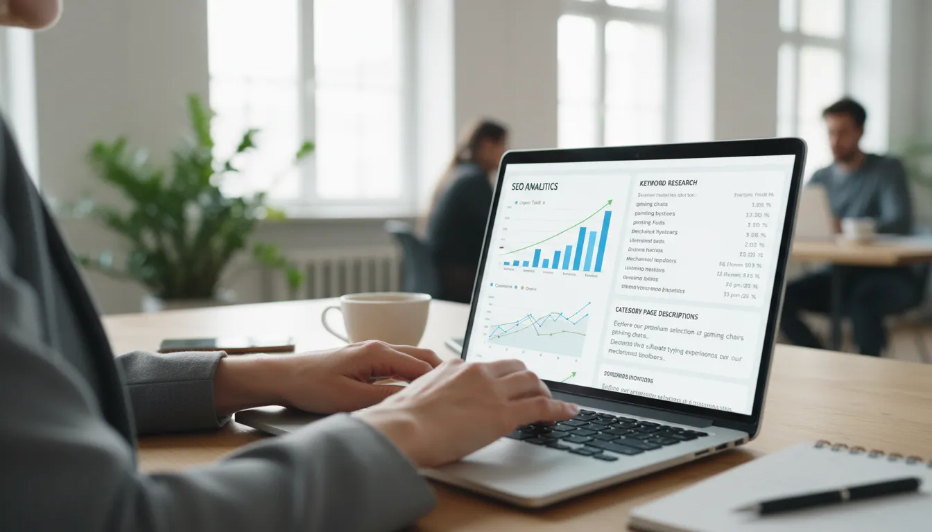 Modelos de Texto para Páginas de Categoria de Loja Virtual 1 Profissional de marketing digital elaborando textos otimizados para categorias de loja virtual, com ênfase em SEO.