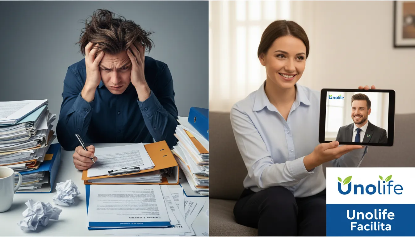 Comparativo visual entre o estresse com papelada e a solução fácil de um advogado online da Unolife, mostrando o antes e depois do serviço.
