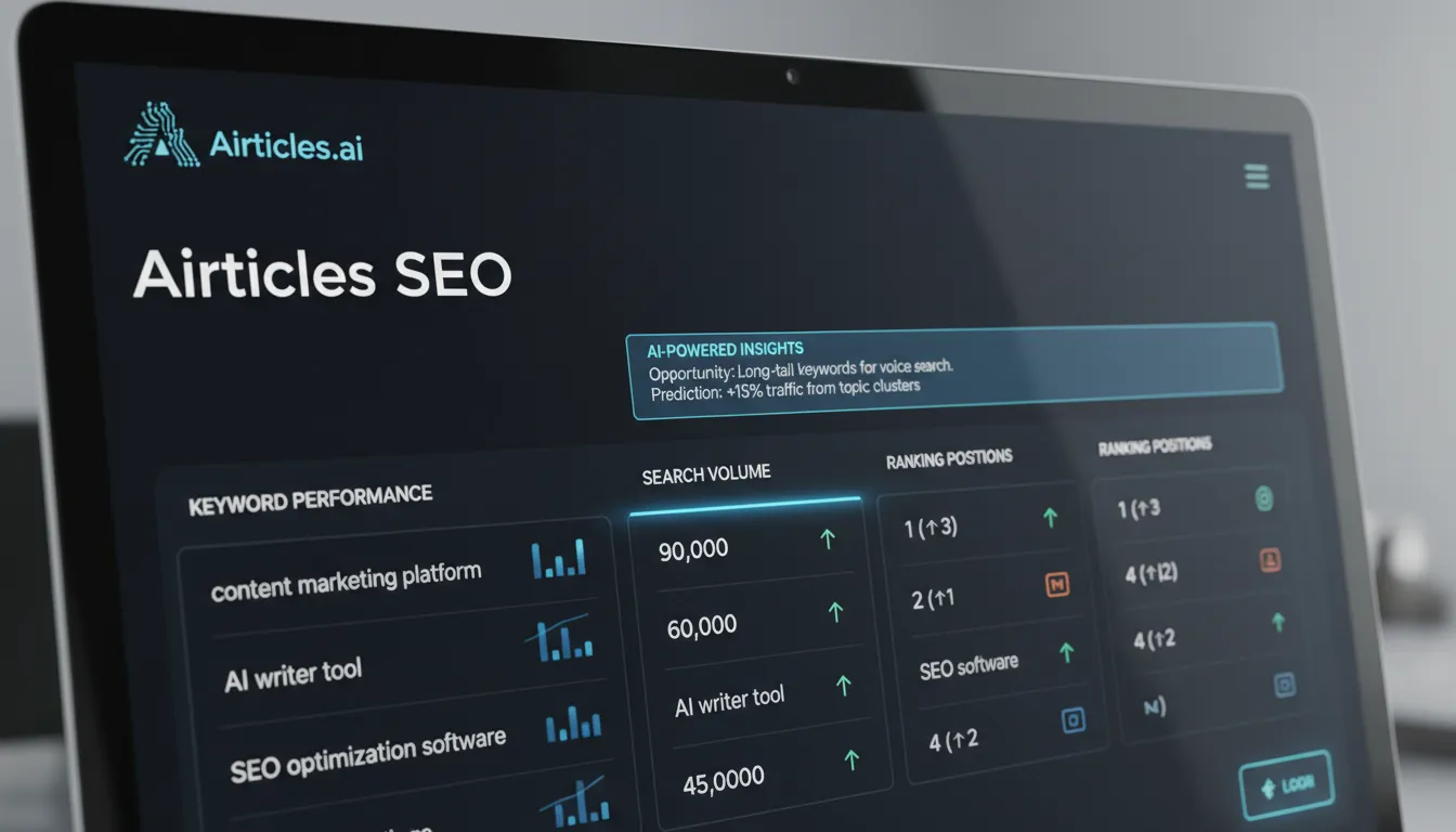 Painel da Airticles.ai mostrando 'How to Rank' em tempo real com insights de IA para otimização de SEO e acompanhamento de desempenho de palavras-chave.