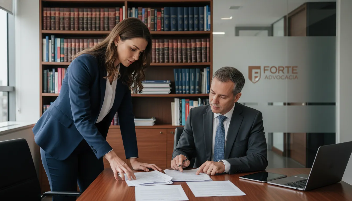 Profissional consultando advogada sobre regularização de registro em escritório moderno, demonstrando apoio especializado.