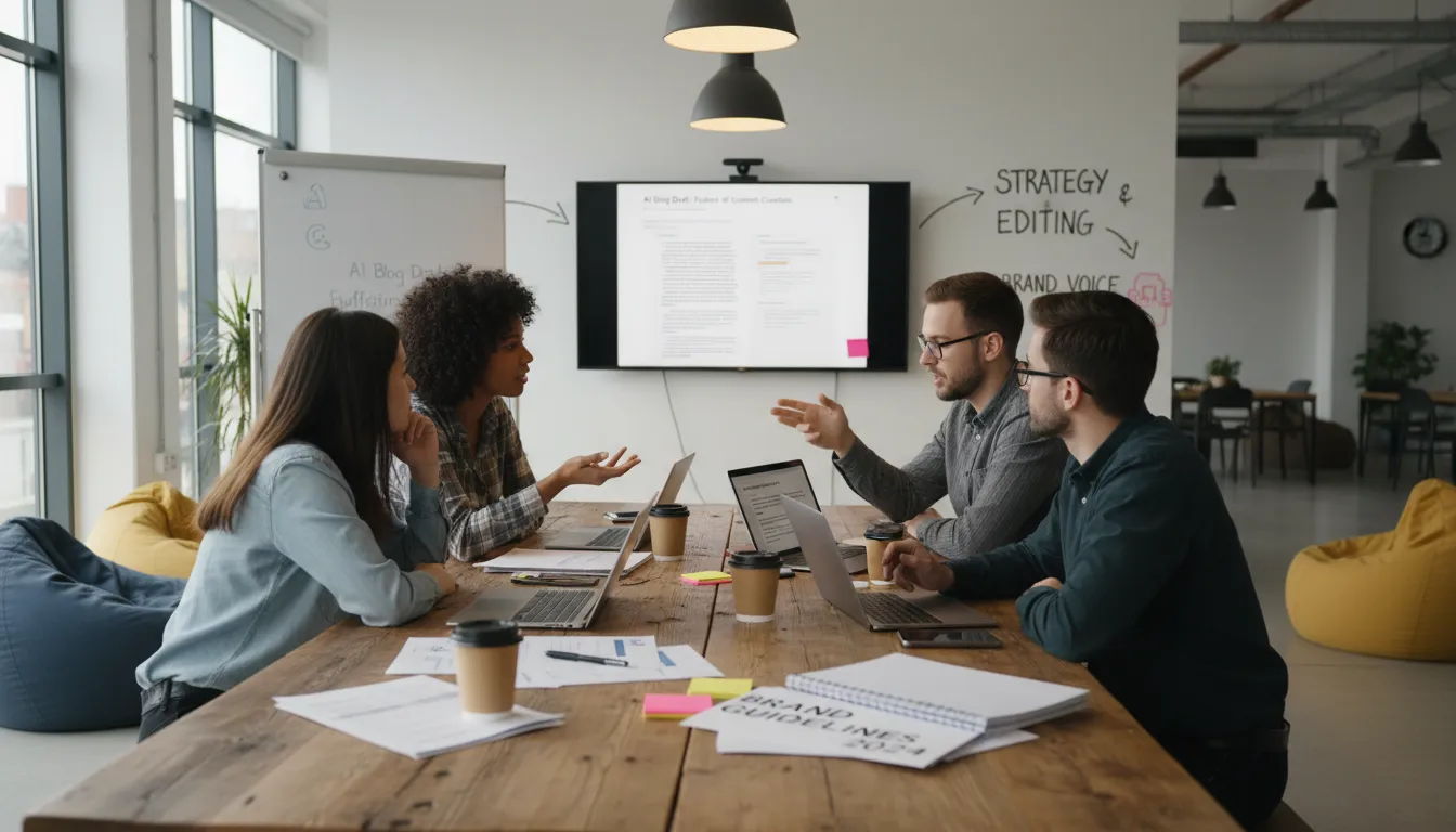 Como Usar IA para Gerar Rascunhos de Texto Sem Perder a Voz da Marca 3 Equipe revisando rascunhos da IA integrando identidade da marca em agência digital