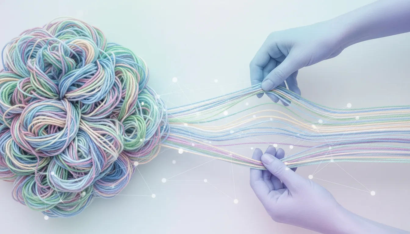 Representação abstrata da mente sendo organizada através da psicanálise online, com cores suaves e elementos digitais.