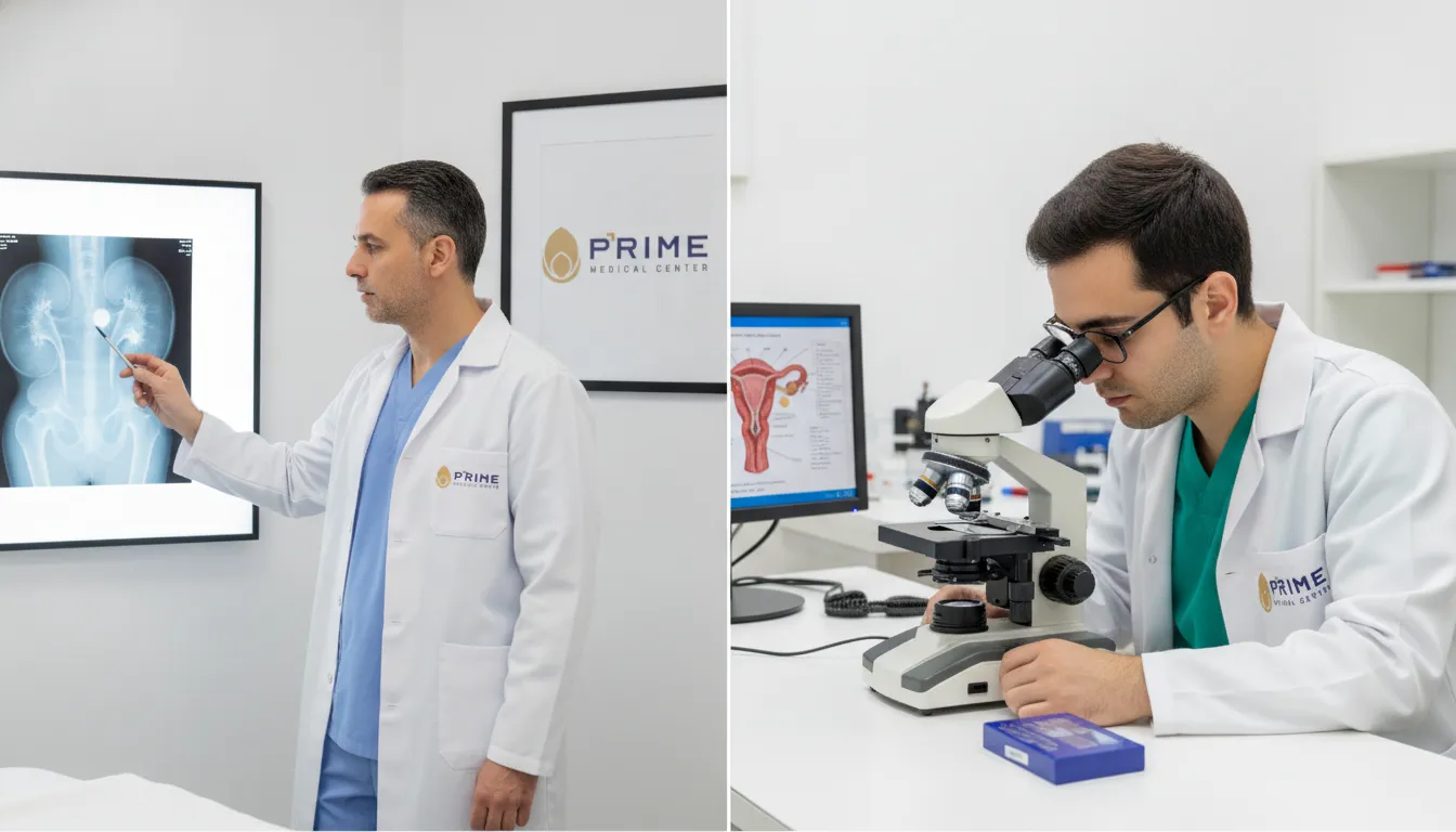 Comparativo visual mostra urologista examinando rim e andrologista analisando sistema reprodutor masculino.